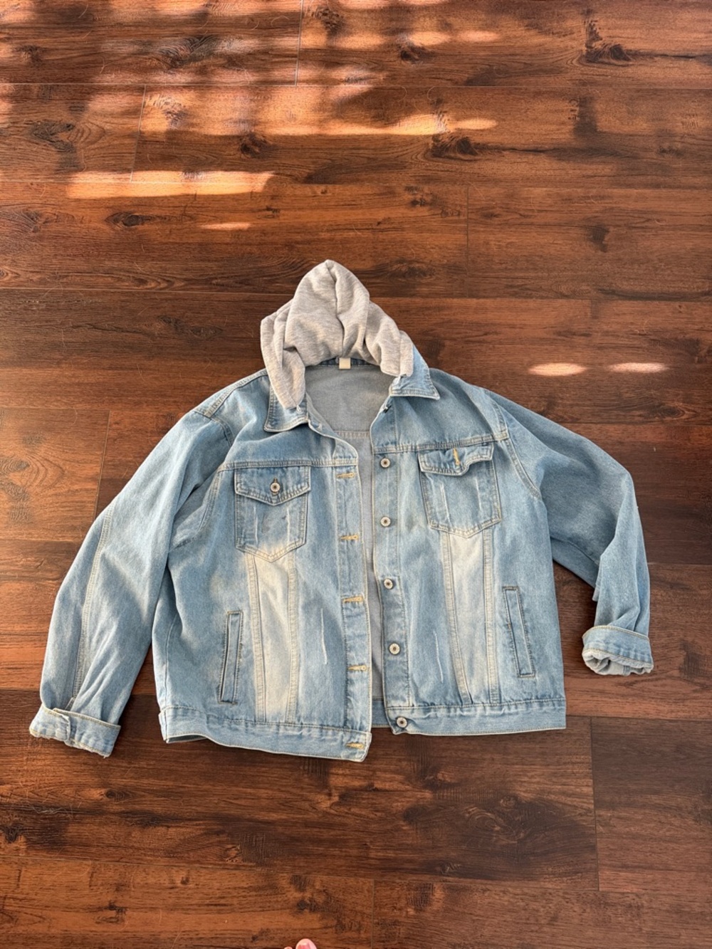 Light Wash Denim Jacket with Attached Gray Hood - Picture 2 of 7